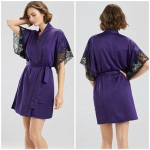 Natori Women Plume Robe Wrap Medium Purple Satin Black Lace Short Tie Light